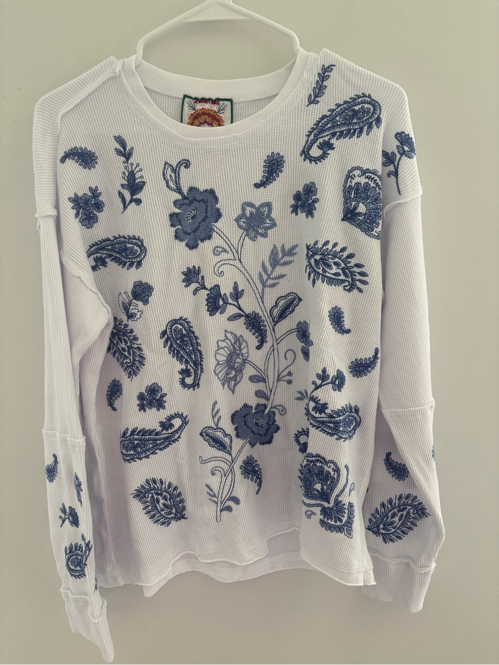 Johnny Was White Thermal Top with Blue Floral Embroidery - Picture 2 of 4